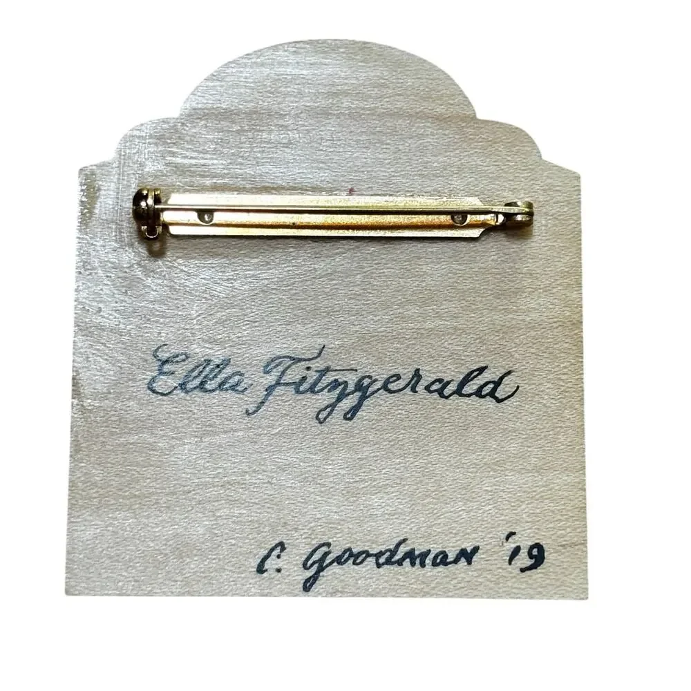 Handmade Ella Fitzgerald artisan brooch hand painted on wood musical icon singer